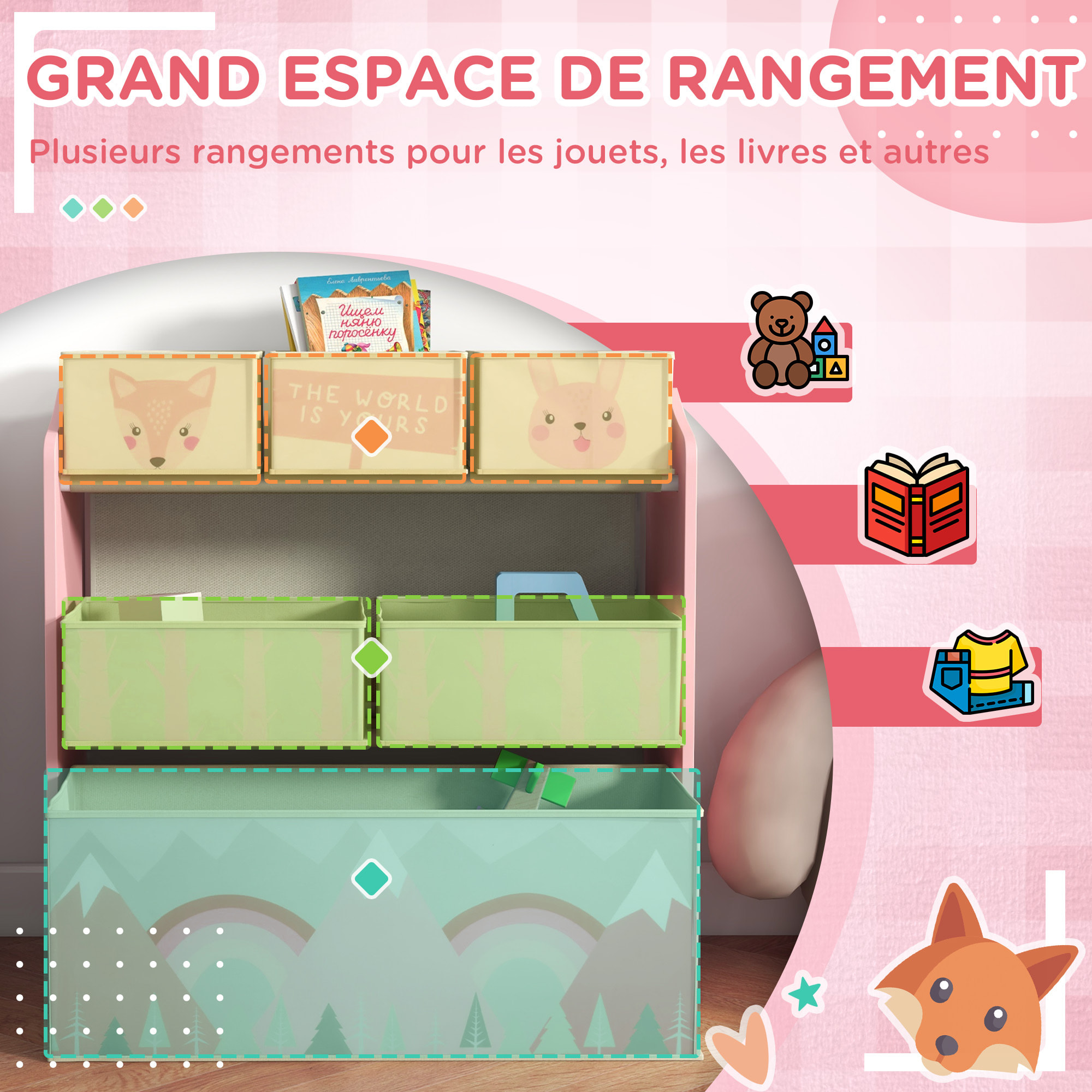 Étagère de rangement enfant design mountain adventure - 6 tiroirs - MDF tissu non tissé - rose