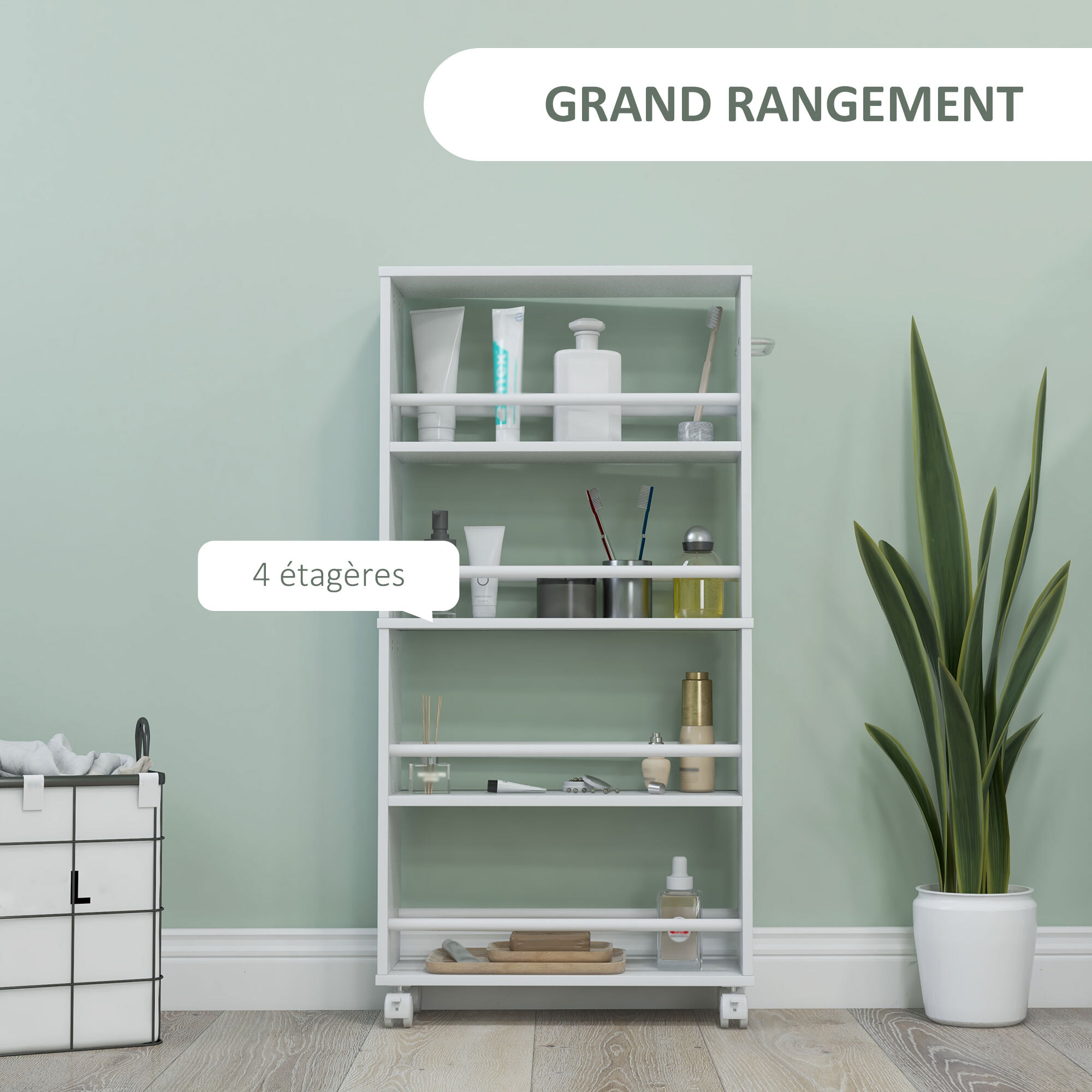 Chariot de rangement 4 niveaux - desserte à roulettes - cuisine ou salle de bain - blanc