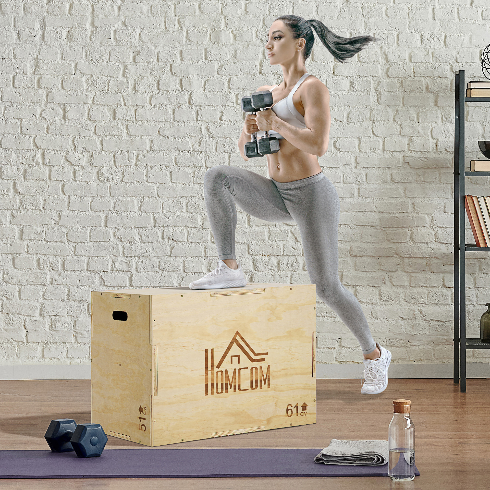 Caja Pliométrica de Madera 3 en 1 Caja de Salto con 2 Mango Hueco Entrenamiento de Fuerza en Casa Oficina Gimnasia CrossFit Carga 120 kg 61x51x76 cm Madera Natural