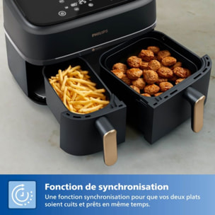 Airfryer PHILIPS NA352/04 Friteuse sans huile double panier Noir/Doré, Série 3000 9L (3+6L) avec accessoire