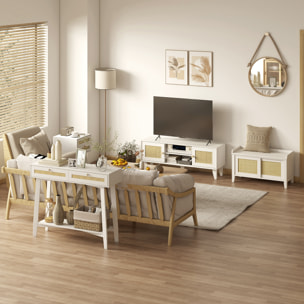 Conjunto para el Hogar Incluye 1 Mueble de TV 1 Mesa Consola 1 Banco Zapatero con Asiento y 1 Mesita Auxiliar con Elemento de Ratán Estilo Bohemio Blanco