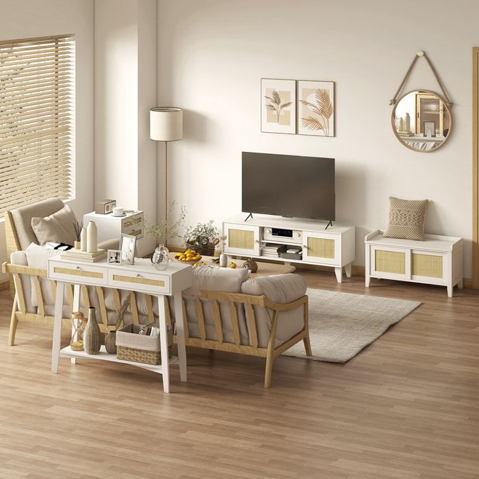 Conjunto para el Hogar Incluye 1 Mueble de TV 1 Mesa Consola 1 Banco Zapatero con Asiento y 1 Mesita Auxiliar con Elemento de Ratán Estilo Bohemio Blanco