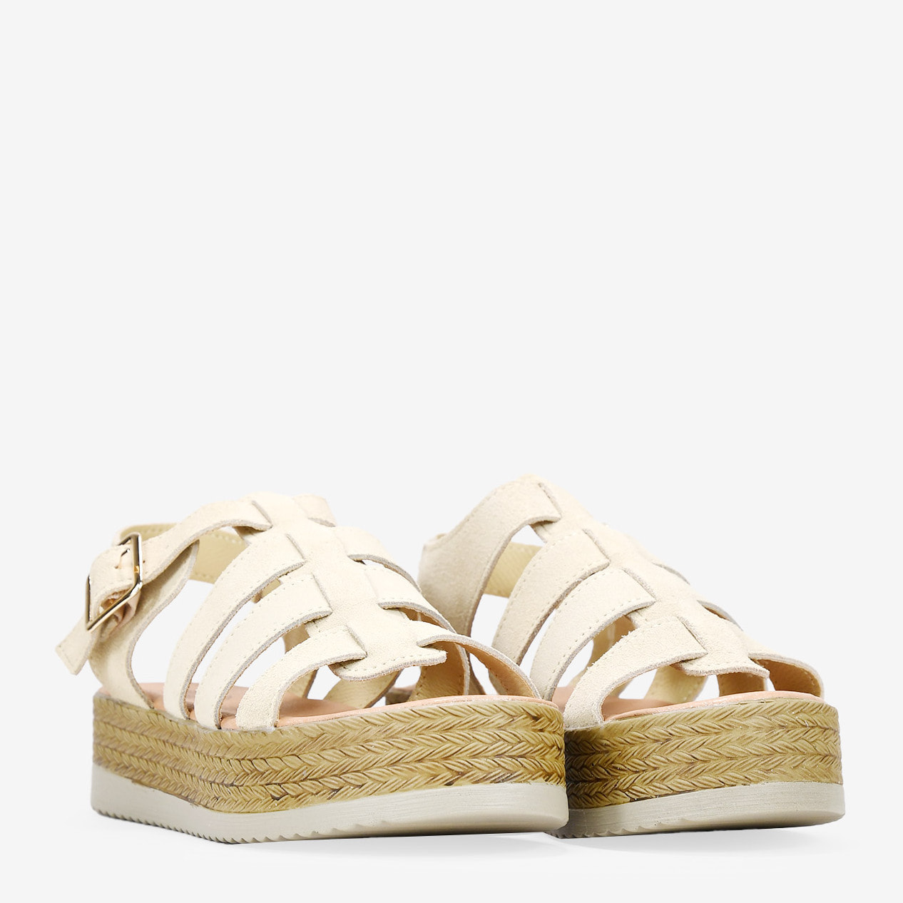 Sandalias de piel beige cangrejeras con plataforma de esparto