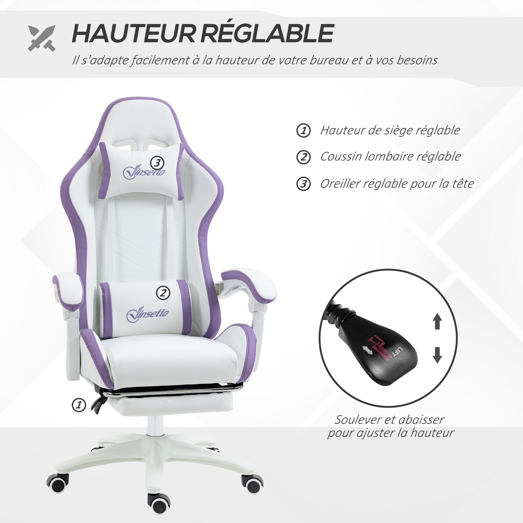 Chaise de bureau gaming - inclinable, pivotant, réglable - coussins lombaires têtière inclus - mauve blanc
