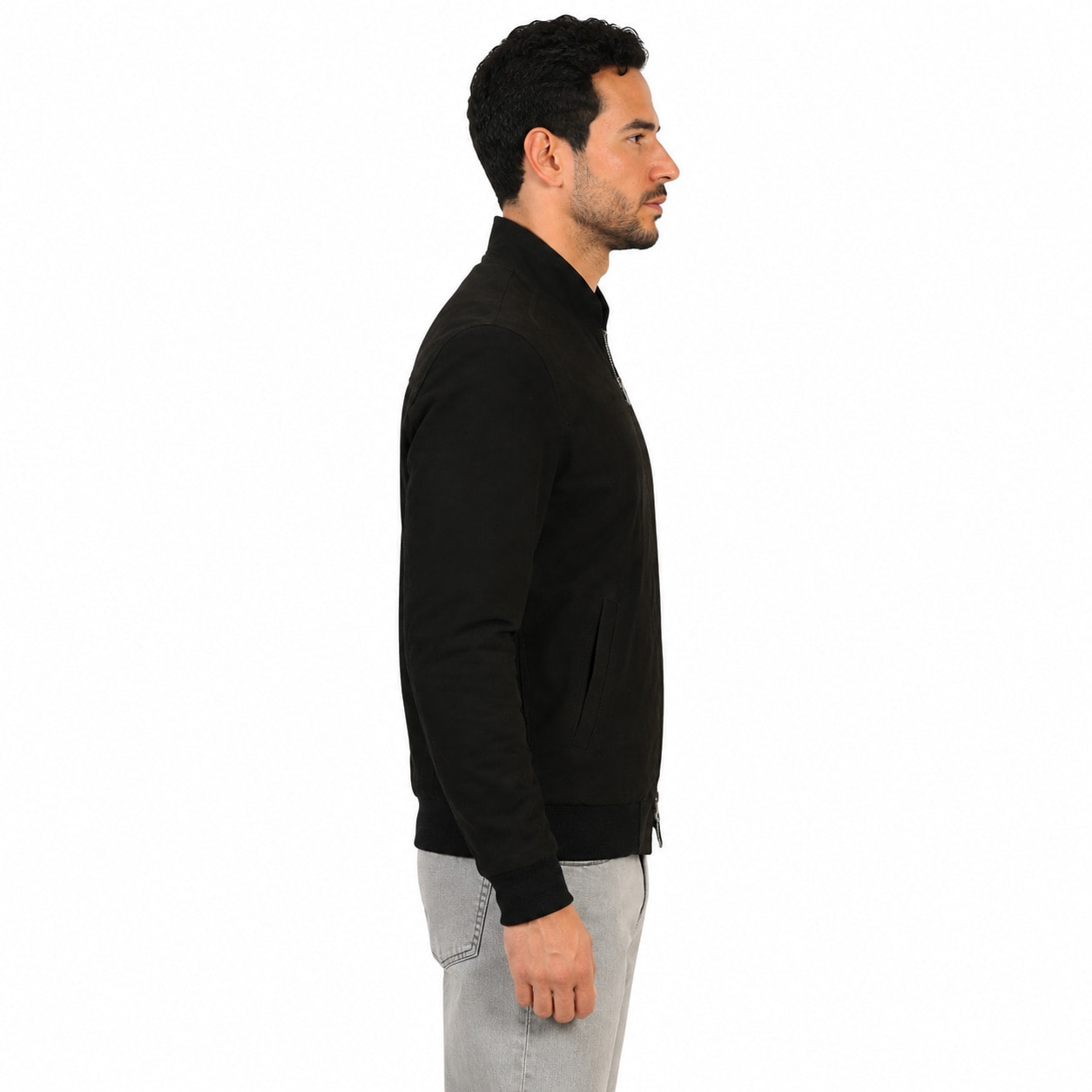 Giubbino in vera pelle di vitello scamosciata Nero-Slim Fit