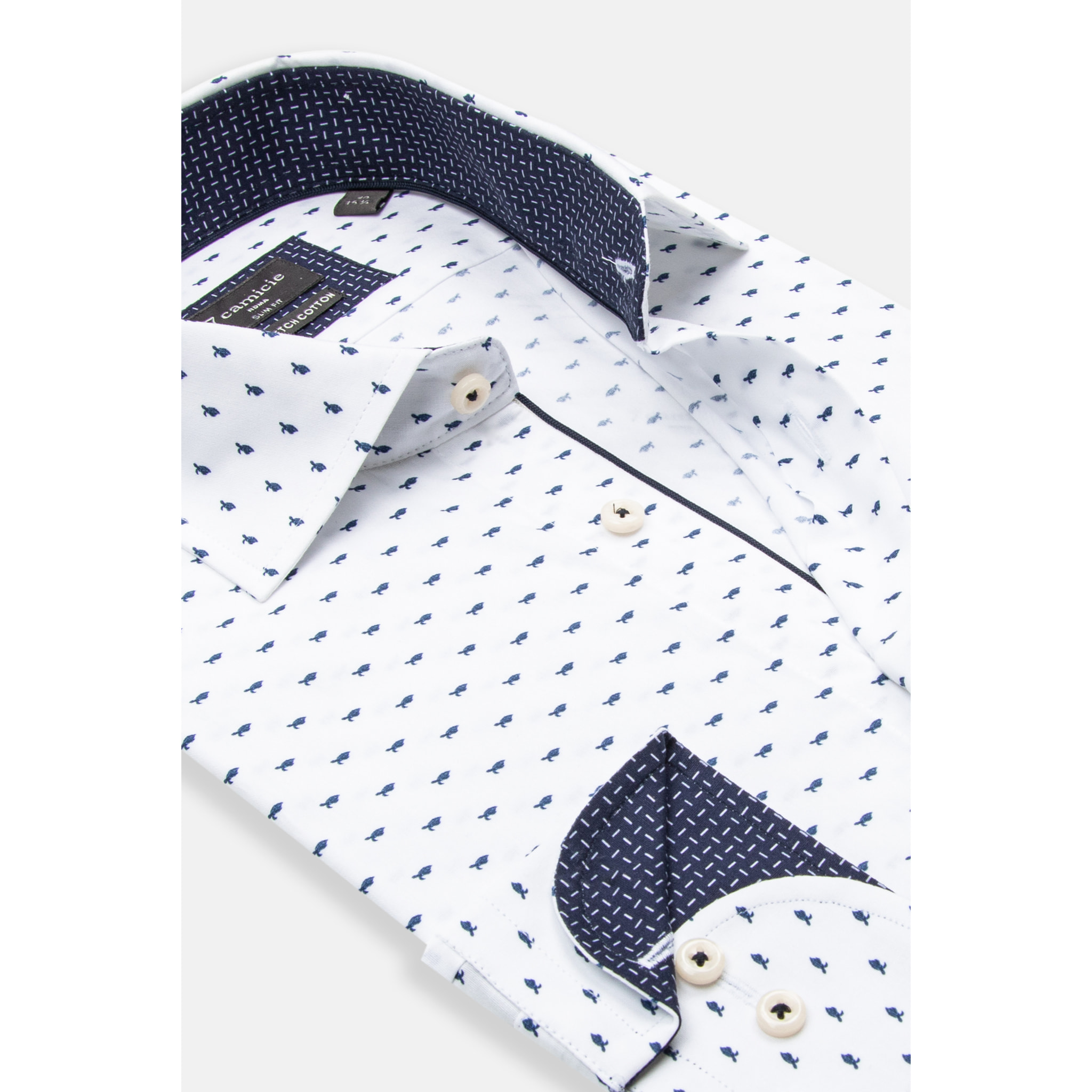 Camicia Uomo 1 Bottone Francese Slim Popeline Stretch Stampato Bianco e Blu