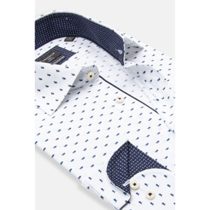 Camicia Uomo 1 Bottone Francese Slim Popeline Stretch Stampato Bianco e Blu