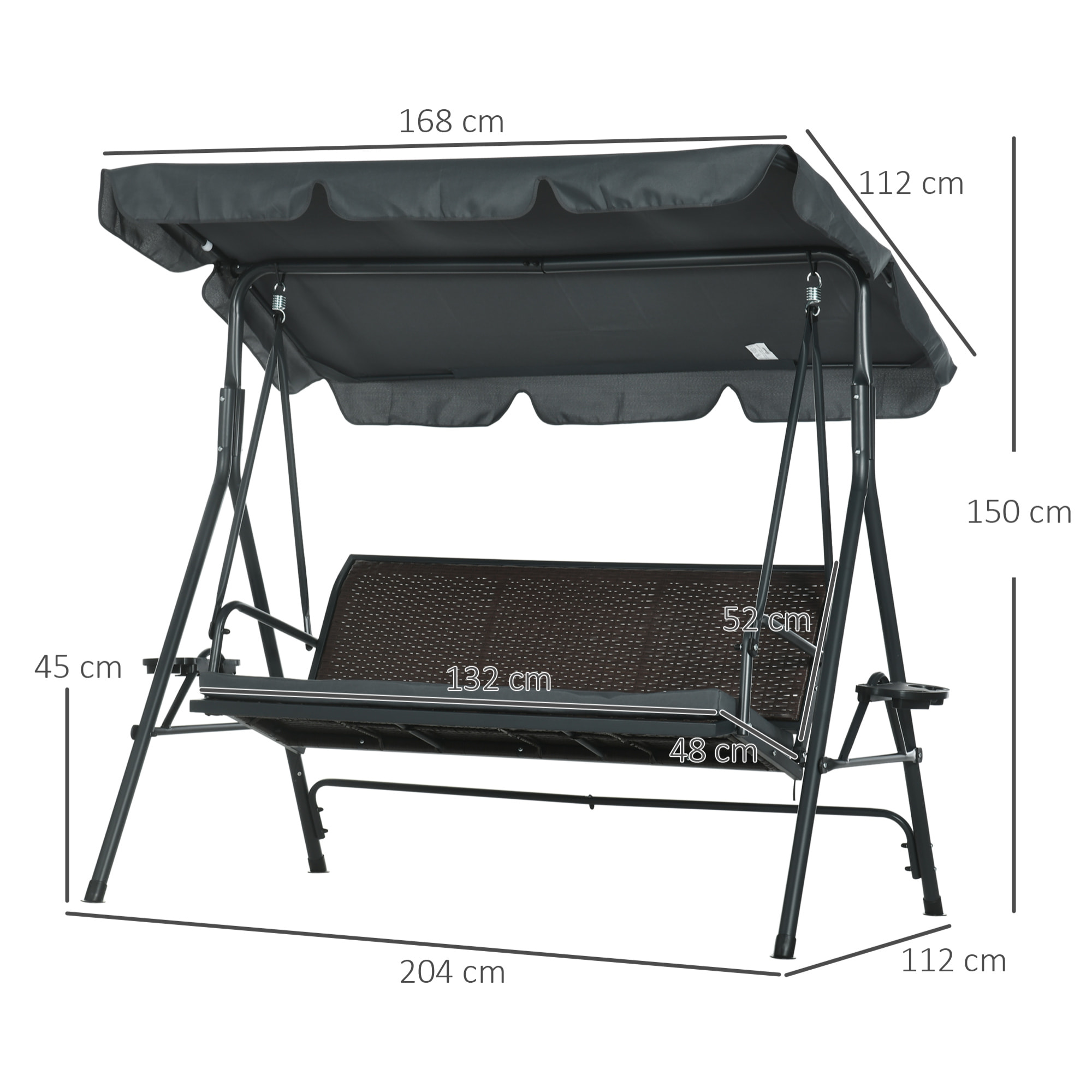 Columpio de Jardín de 3 Plazas Banco Balancín para Exterior con Toldo Ajustable Asiento de Ratán 2 Portavasos 2 Bandejas y Marco de Acero para Terraza Patio 204x112x150 cm Gris