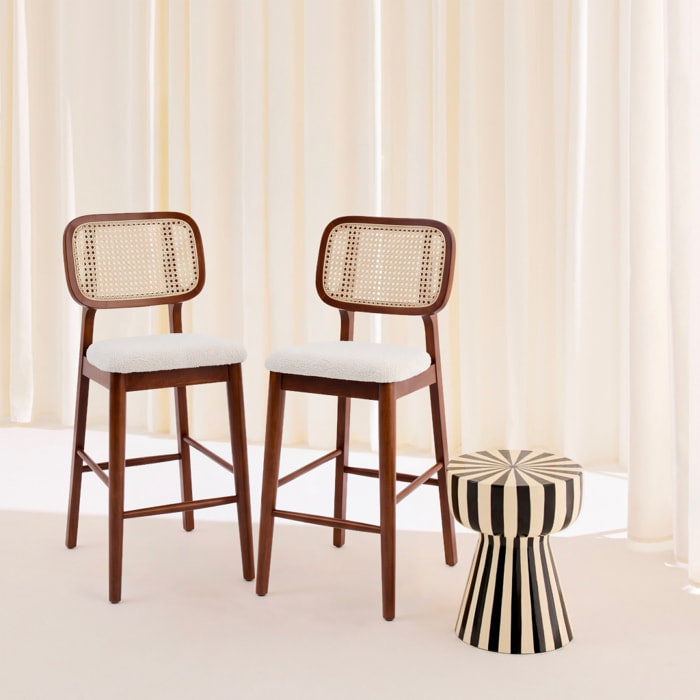 Tabouret de bar bois d'hévéa cannage et bouclette 66,5cm (lot de 2) MANI