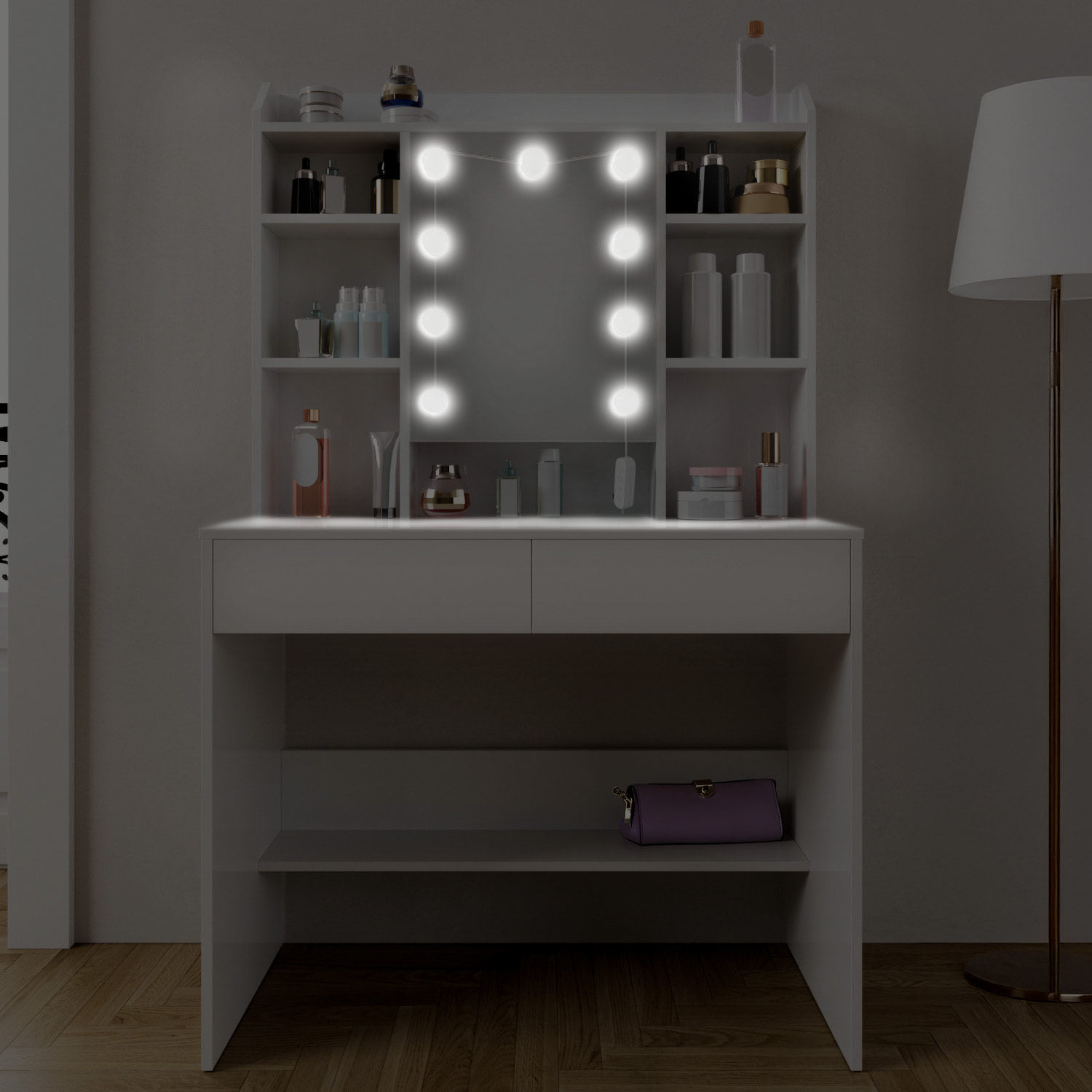 Toeletta Tavolino Trucco Tavolo Con 9 Luci LED Luminosità E Tonalità Regolabili Specchio 2 Cassetti 7 Vani A Giorno Mensole 40 x 90 x 144.7 Cm Bianco