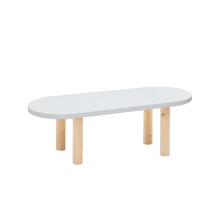 Mesa de centro ovalada de madera maciza sobre en tono blanco y patas tono natural de 40x120cm Alto: 40 Largo: 120 Ancho: 50