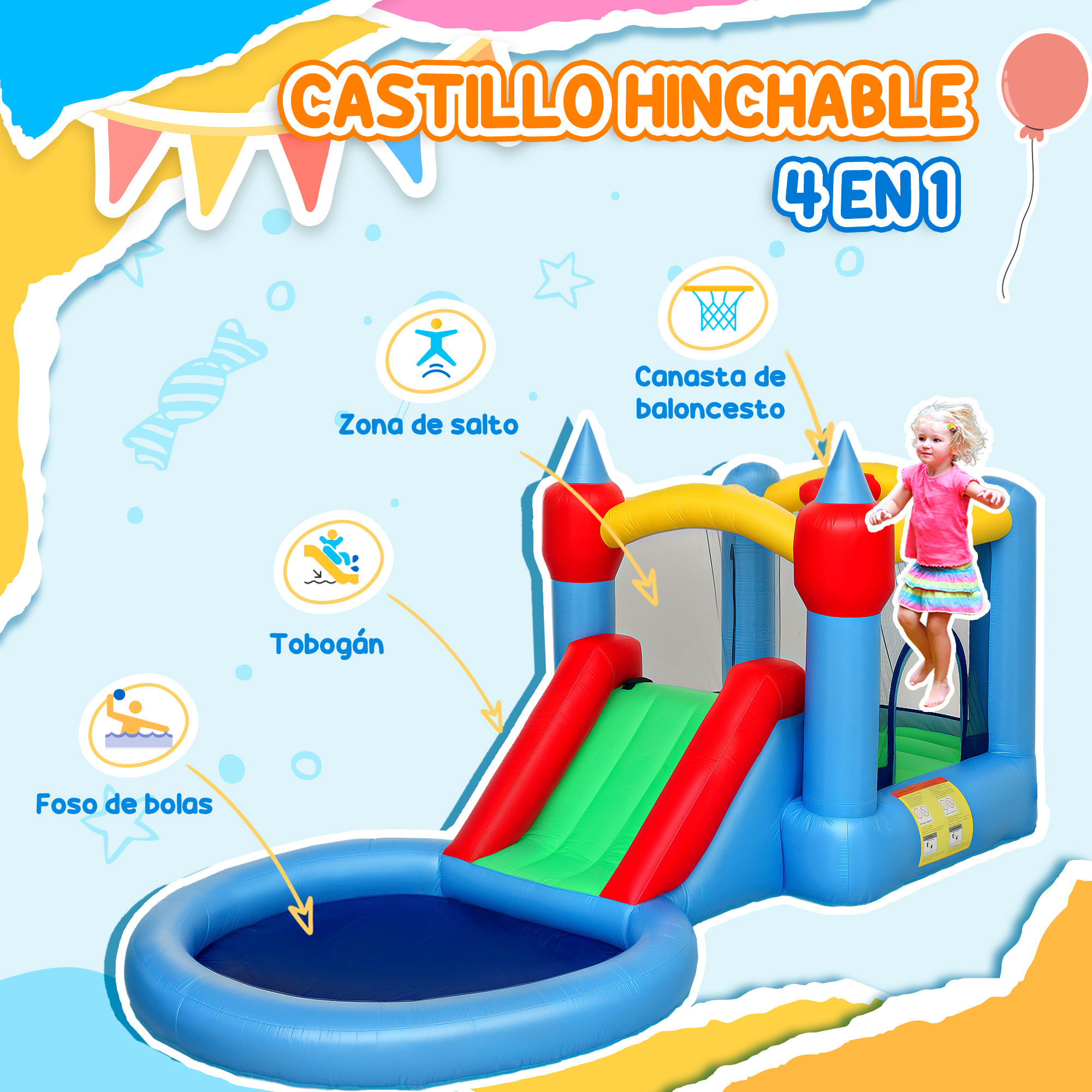 Castillo Hinchable con Soplador 4 en 1 Castillo Inflable para Niños con Tobogán Foso de Bolas Canasta y Bolsa de Transporte para Exterior Interior 415x205x190 cm