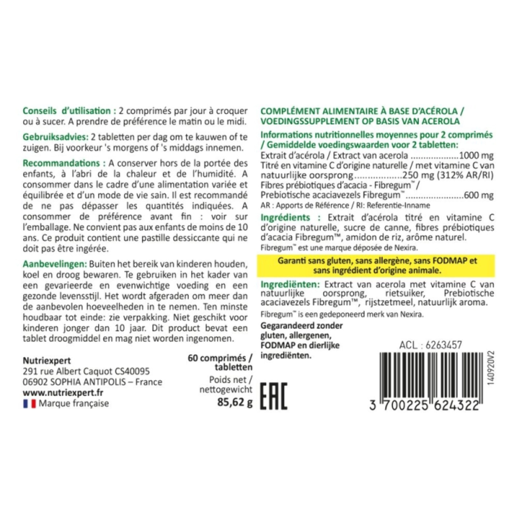 NUTRI EXPERT - Acérola 1000 - Vitamine C d'origine naturelle - Réduit la fatigue - Soutient l'immunité - Sans Gluten - Cure 30 jours