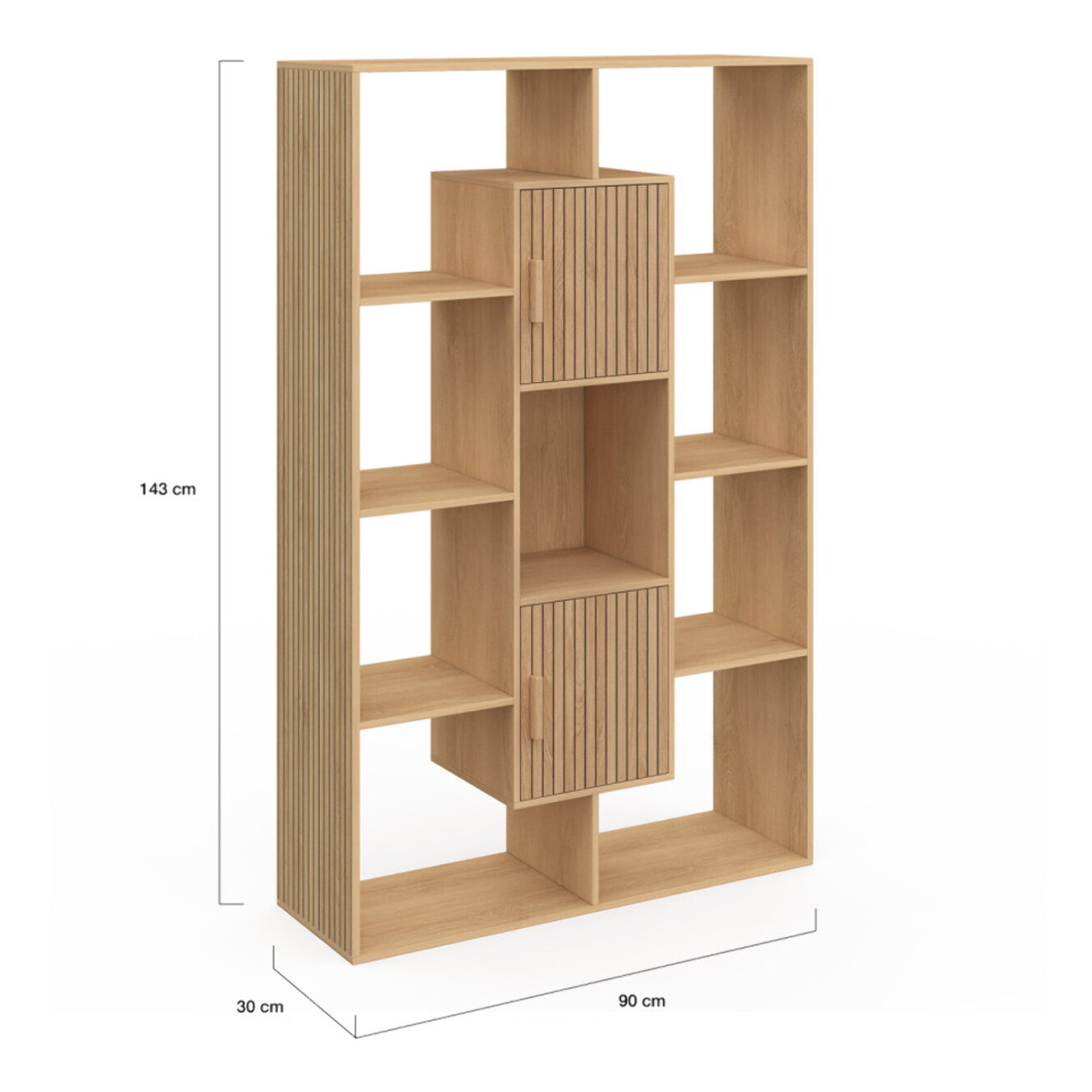 Etagère bibliothèque Faustine effet lattes 11 compartiments 143cm
