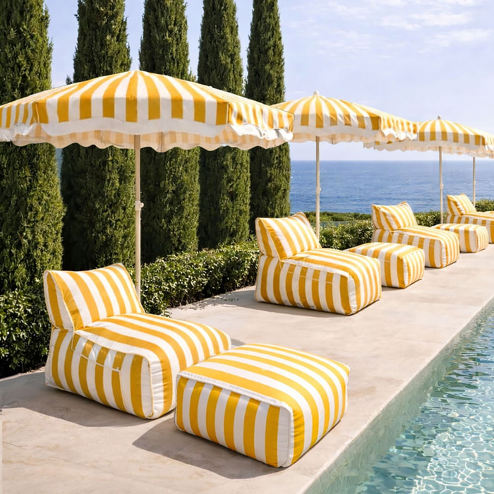 Pouf fauteuil d'extérieur 70x60x30cm en tissu à rayure jaune et blanc FLAVIO