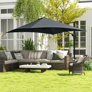 Parasol déporté carré inclinable pivotant 360° manivelle piètement acier dim. 2,95L x 2,95l x 2,66H m gris