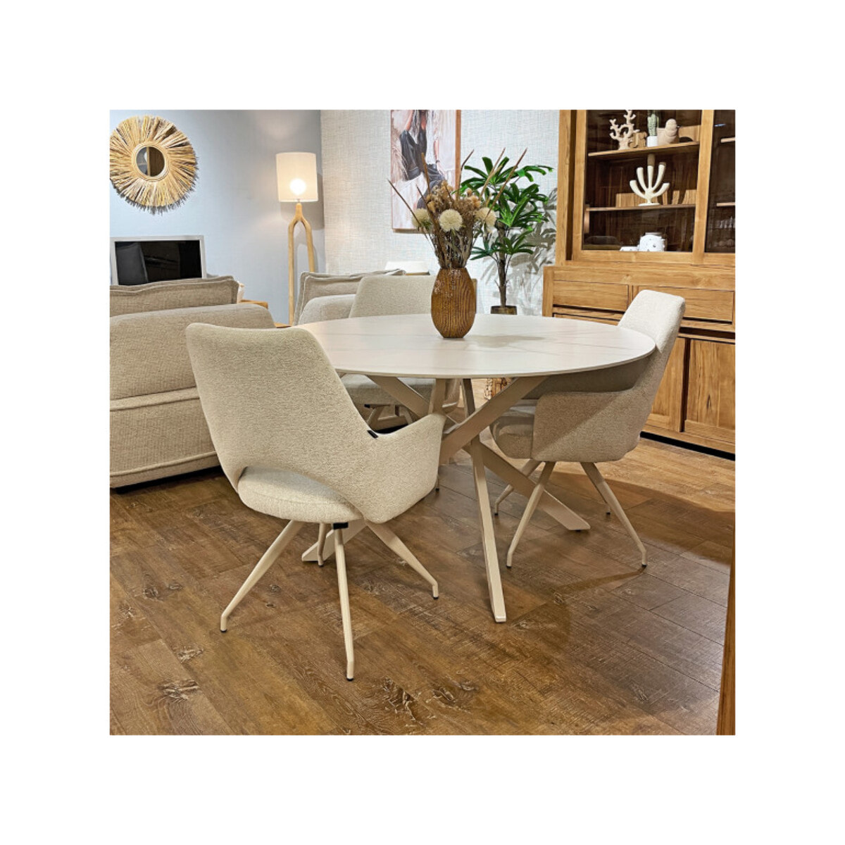 Table ronde D.130cm céramique blanc marbré pieds croisés métal – ROSALIE