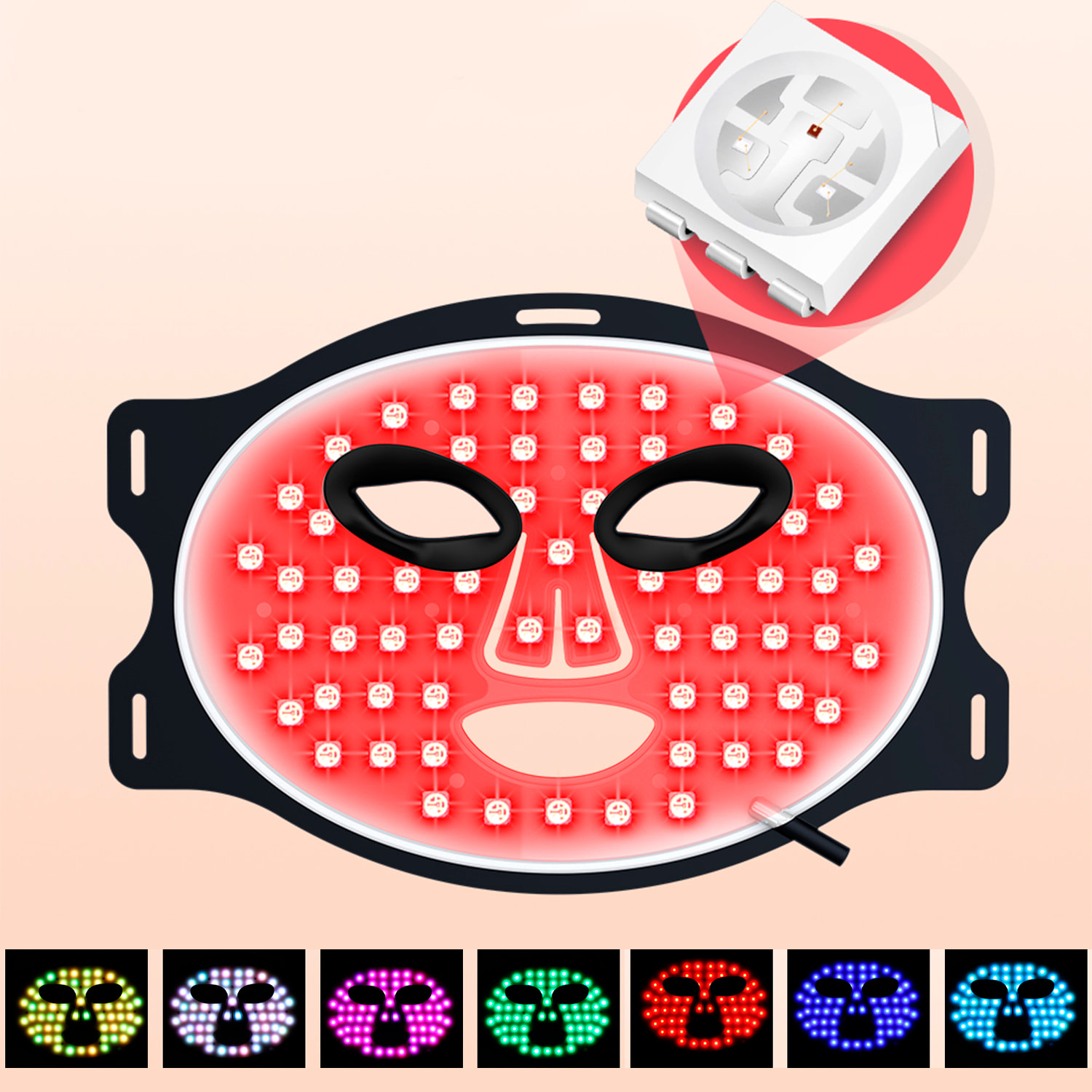Máscara facial de tratamiento de luz LED con 7 colores y 3 niveles de intensidad de brillo.
