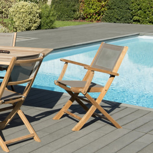 FUN - SALON DE JARDIN EN BOIS TECK 10/12 pers - 1 Table rect. extensible - 6 chaises et 2 fauteuils textilène couleur taupe