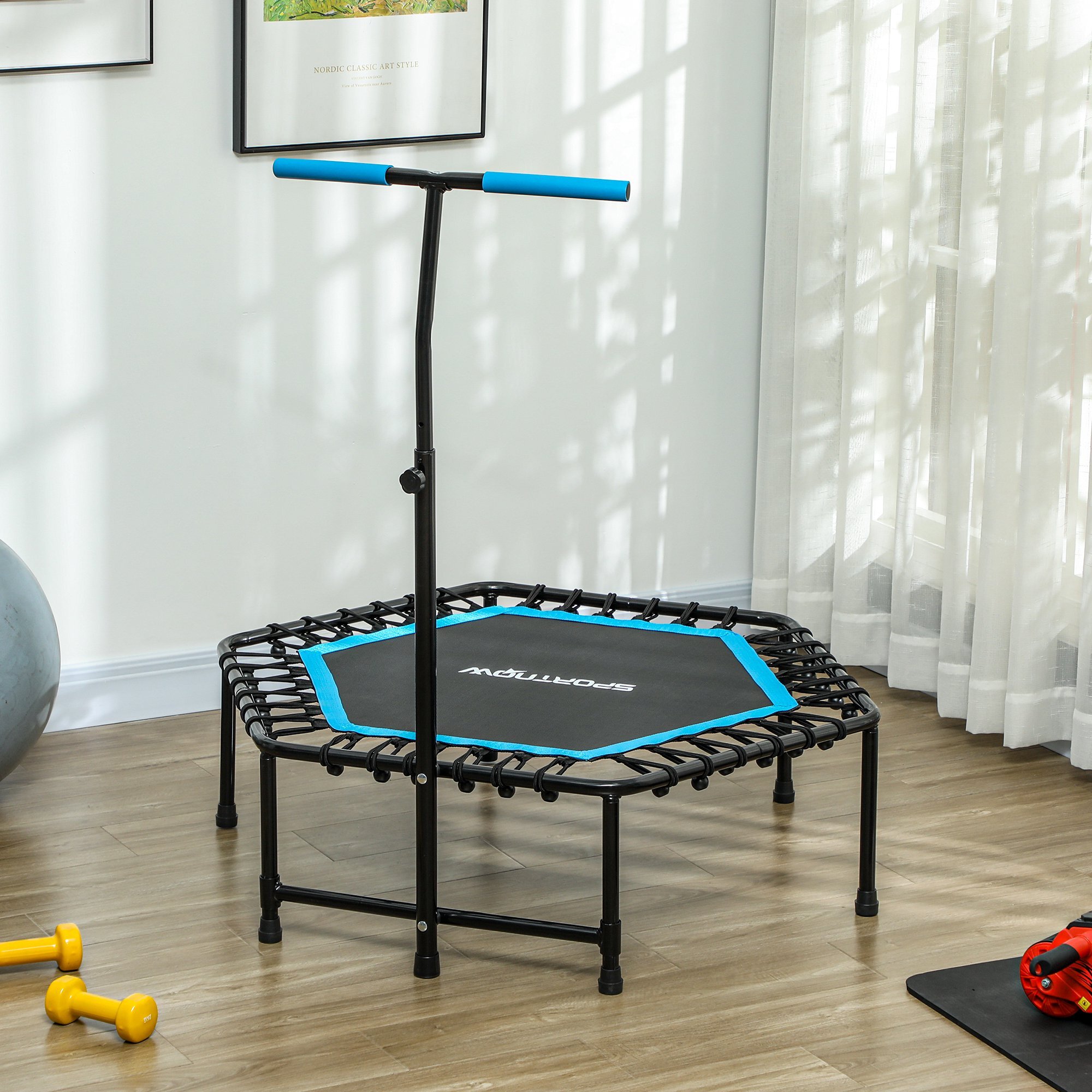 Trampolín de Fitness 114x114x132 cm Cama Elástica Fitness con Mango Ajustable de 3 Niveles Marco de Acero para Entrenamiento Piernas Cuerpo en Hogar Oficina Gimnasio Azul