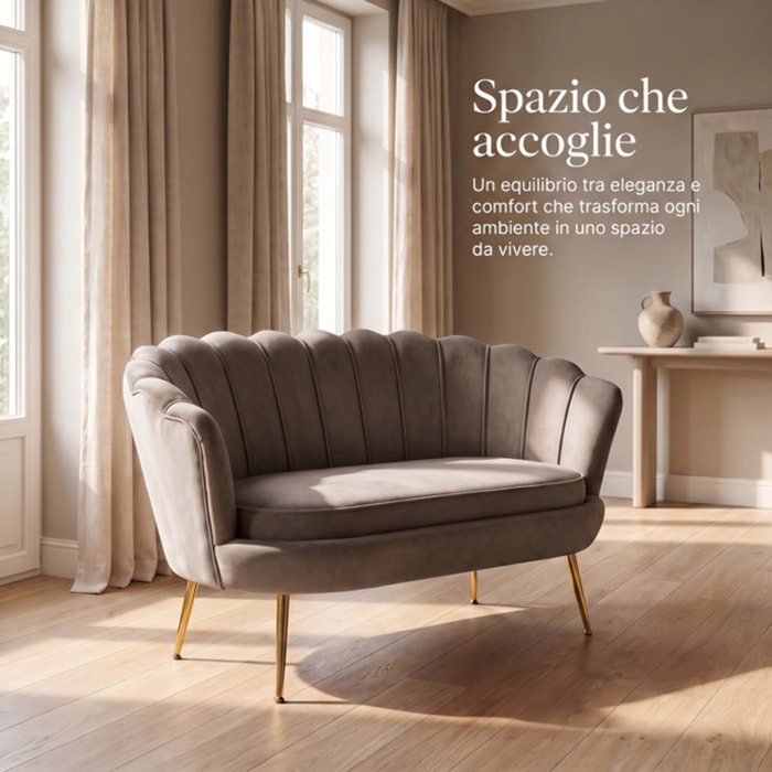 Divano 2 Posti in Velluto con Schienale a Ventaglio, Seduta Imbottita dallo Stile Elegante per Soggiorno, Studio e Camera da Letto
