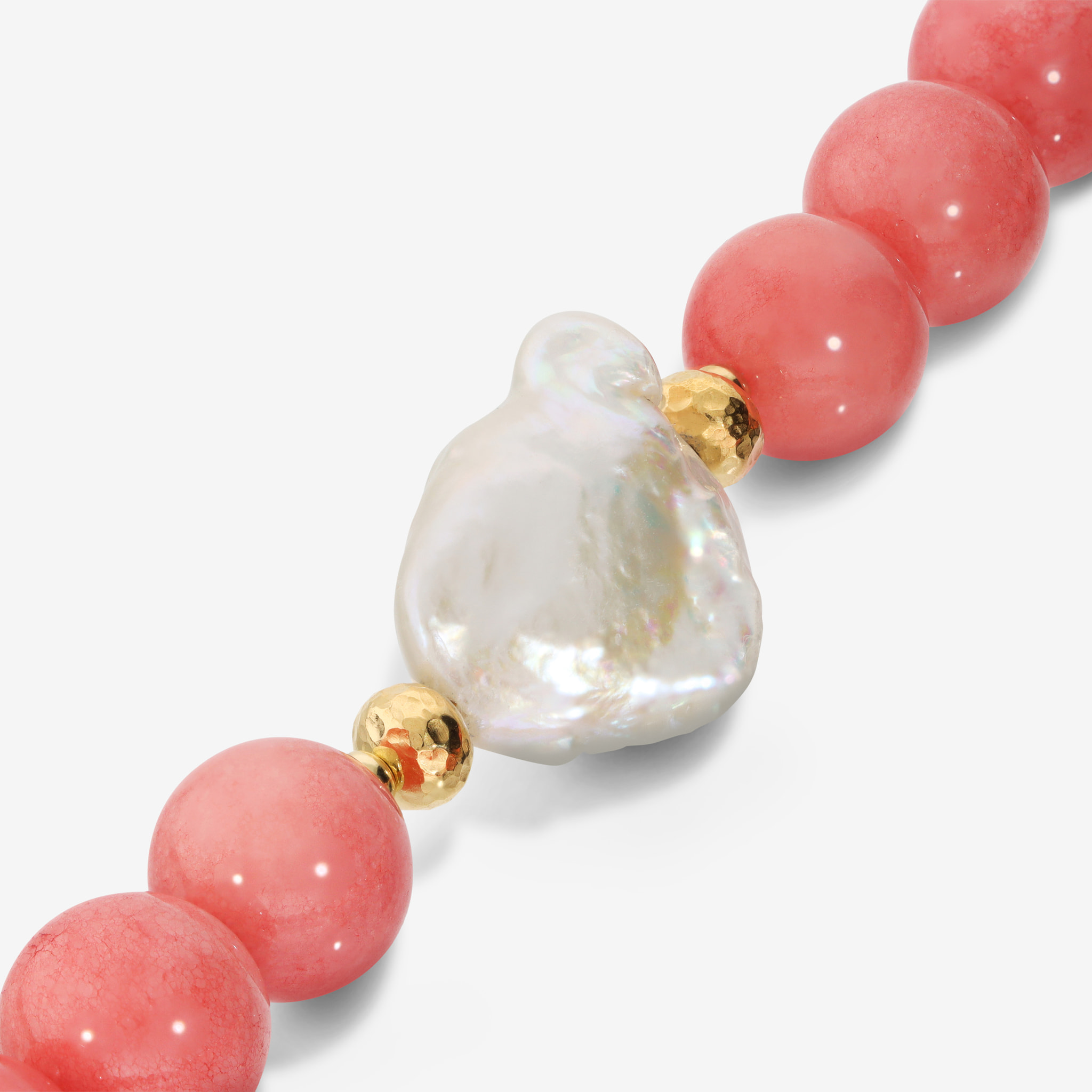 PERLAVIVA - Collana Girocollo con Quarzite Rosa e Perla Scaramazza d'Acqua Dolce Bianca Ø 14/14.5 mm in Argento 925 placcato Oro Giallo 18Kt