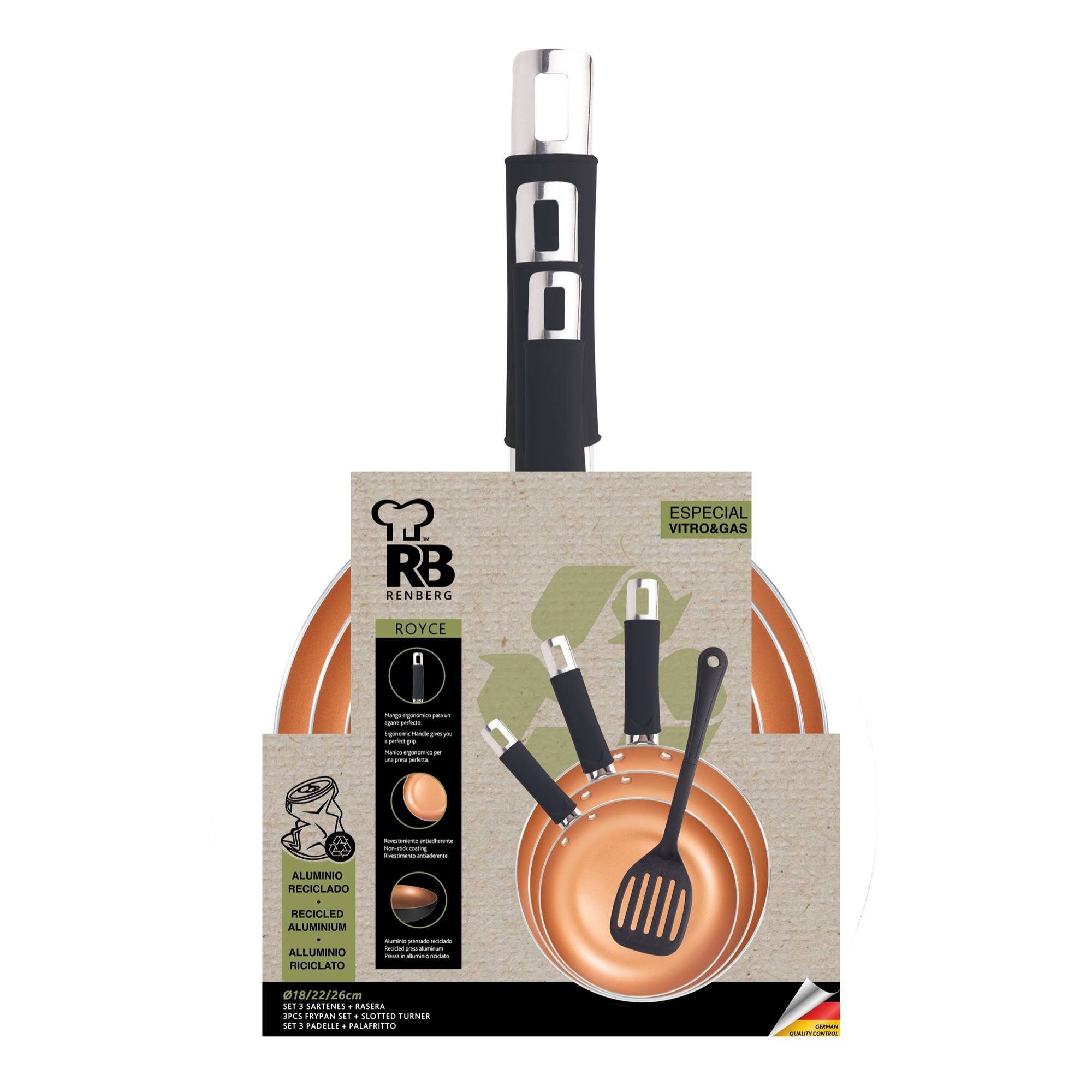 Juego de 3 Sartenes Ø18Ø22Ø26cm en Aluminio con Espatula ranurada Antiadherente Renberg