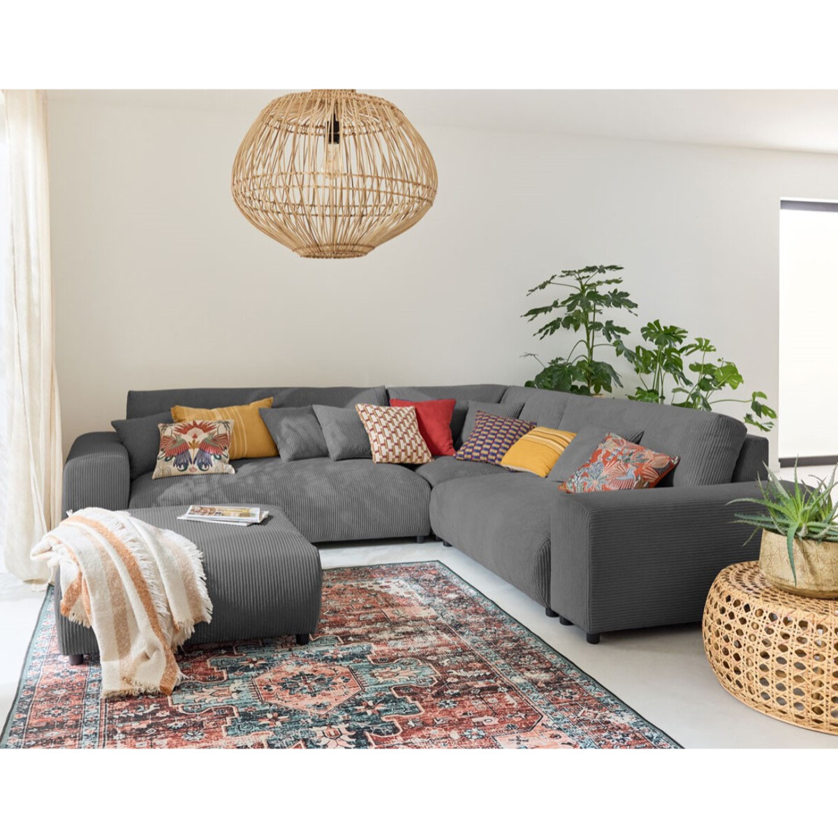Garance - canapé modulable d'angle droit - 5 places - en velours côtelé - Gris foncé