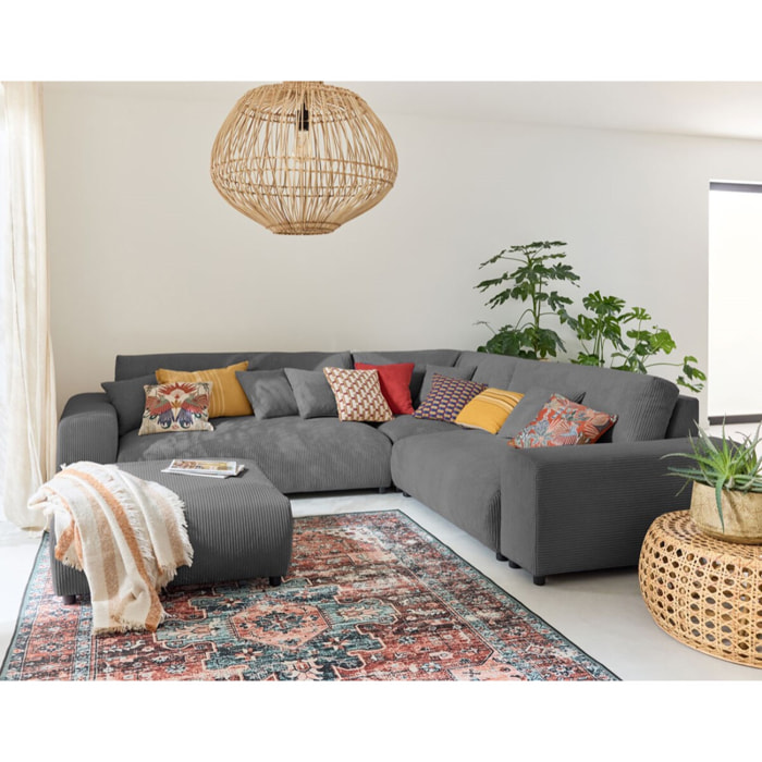 Garance - canapé modulable d'angle droit - 5 places - en velours côtelé - Gris foncé