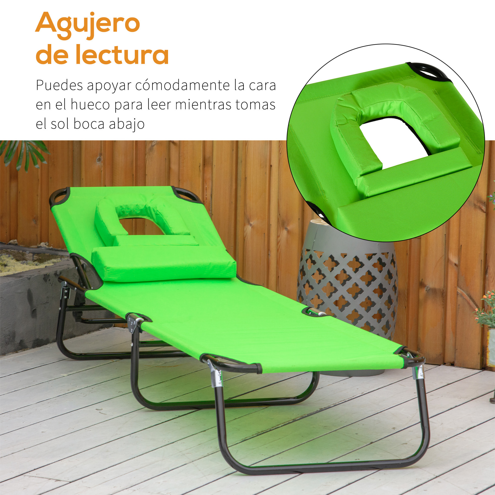 Outsunny Tumbona Plegable con Respaldo Regulable en 4 Posiciones Tumbona de Jardín con Orificio de Lectura Almohada Marco Metálico y Tela Oxford para Playa Terraza Carga 120 kg 190x56x28 cm Verde
