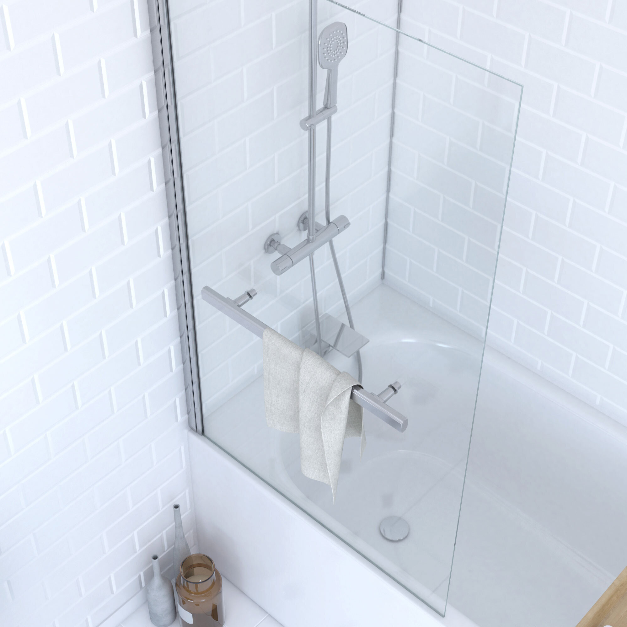 Pare baignoire Pivotant avec Porte-Serviette 85x150cm - Profilé Chrome - Verre 6mm - TSHAPE CHROMED