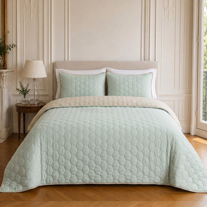 Couvre-lit matelassé réversible 100% polyester bicolore vert givrée - NAZIM