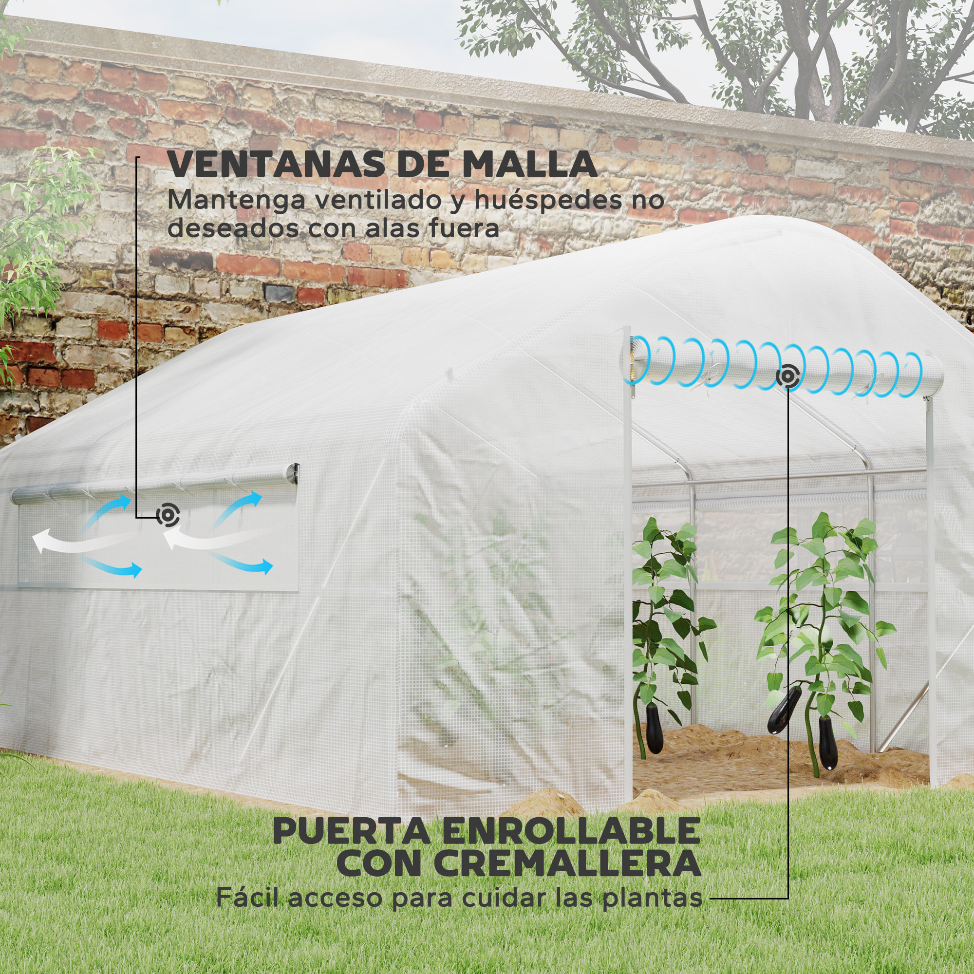 Invernadero de Exterior 4x3x2 m Invernadero de Túnel con 2 Ventanas Cubierta de PE Anti-UV y 1 Puerta Enrollable con Cremallera Invernadero para Jardín Patio