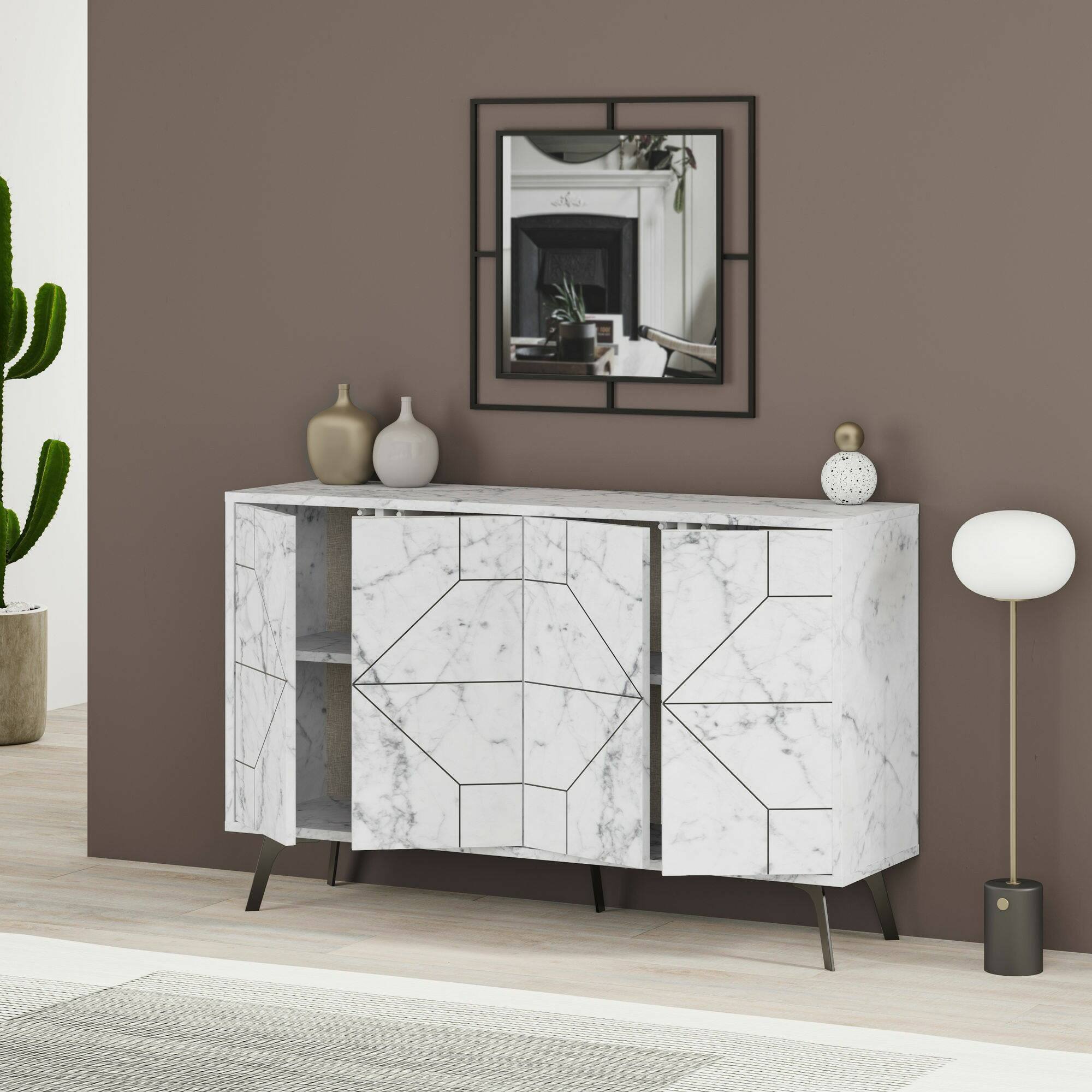 Credenza Dokwonkw, Buffet da soggiorno, Madia da salotto, Dispensa da cucina, 123x35h62 cm, Bianco Marmo