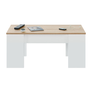 Tavolino da salotto Almas, Tavolino da caffè con piano elevabile, Tavolo basso da soggiorno, 100x50h45/56 cm, Bianco e Rovere