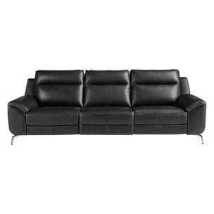 Sofá relax de 3 plazas tapizado en piel de origen vacuno en negro patas de acero inoxidable cromado 2 sistemas de relax eléctrico 264x93x92cm