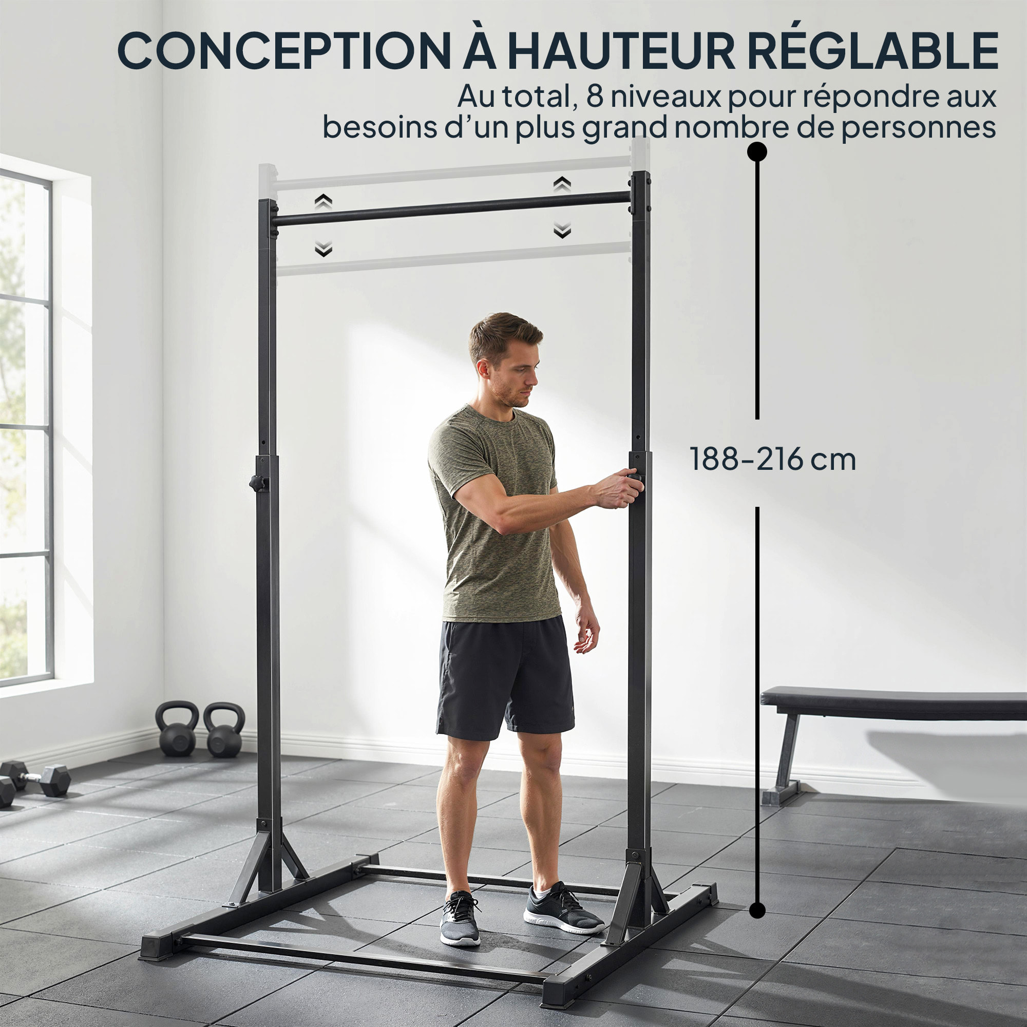 Barre de traction autoportante hauteur réglable 8 niv. acier noir