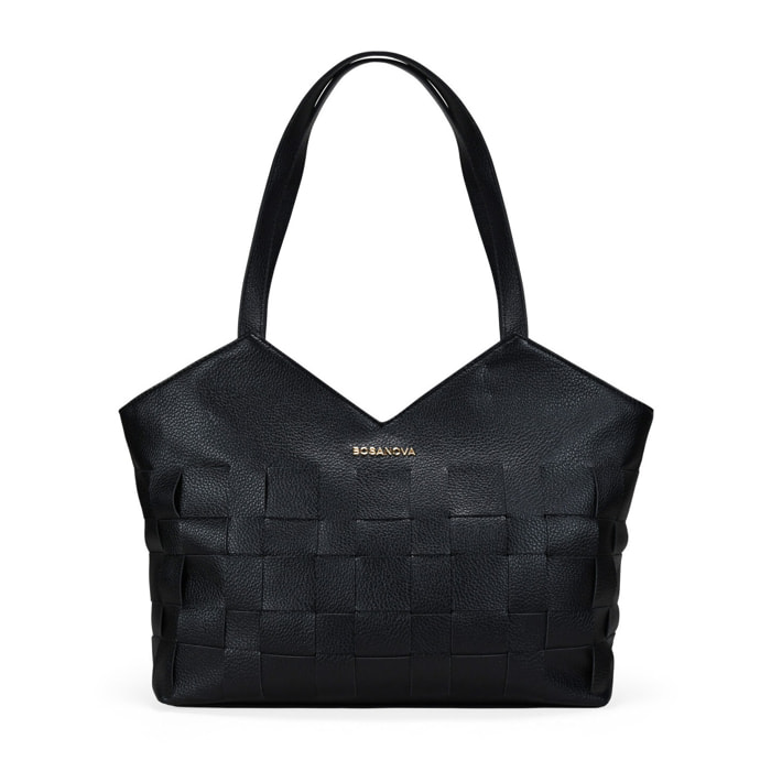 Bolso tote negro con tiras entrelazadas y cremallera