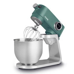 Batidora Amasadora Profesional KM128 H.Koenig, 800 W, Capacidad 5 L, 8 Velocidades, Hasta 1,5 Kg de Masa, Cabeza Reclinable y Móvil, Pizza, Repostería, Pan, Acero inoxidable, 78 dB, Gris y Verde [Clase de eficiencia energética A]