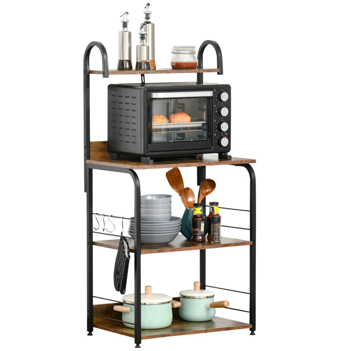 Estantería de Cocina de 4 Niveles Estante de Cocina con Ganchos Estantería para Microondas 60x40x125 cm Marrón Rústico y Negro