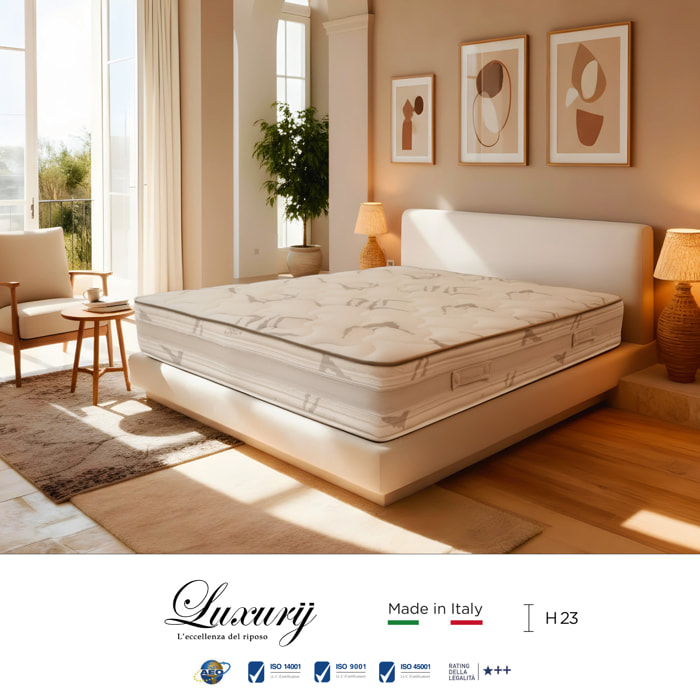 "Paestum" H23 cm 160x200 2 guanciali Memory OMAGGIO sfoderabile in schiuma poliuretanica ad alta densità e Memory Foam con cristalli di gel