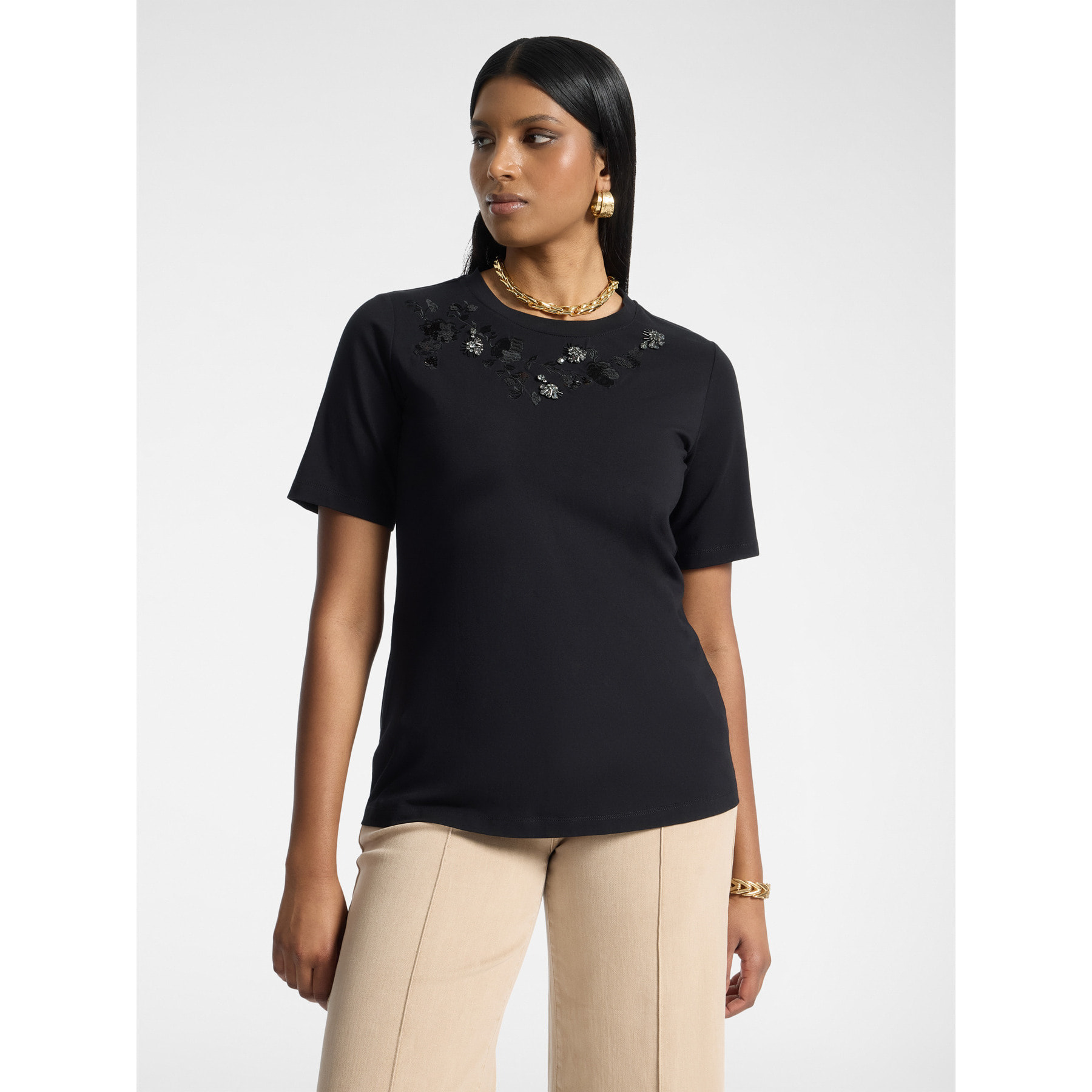 Elena Mirò - T-shirt con ricamo floreale e strass - Nero