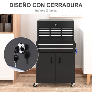 Carro de Herramientas con Baúl Superior, 2 en 1, Carro de Taller con 6 Cajones, Armario, Cerradura, 4 Ganchos, 2 Ruedas con Freno de Bloqueo, para Garaje, Hogar, Negro