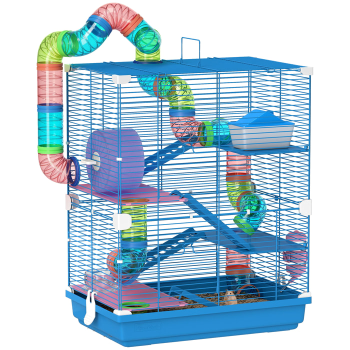 Cage pour hamster souris rongeur 4 étages avec tunnels mangeoire roue maison échelles dim. 46L x 30l x 58H cm bleu