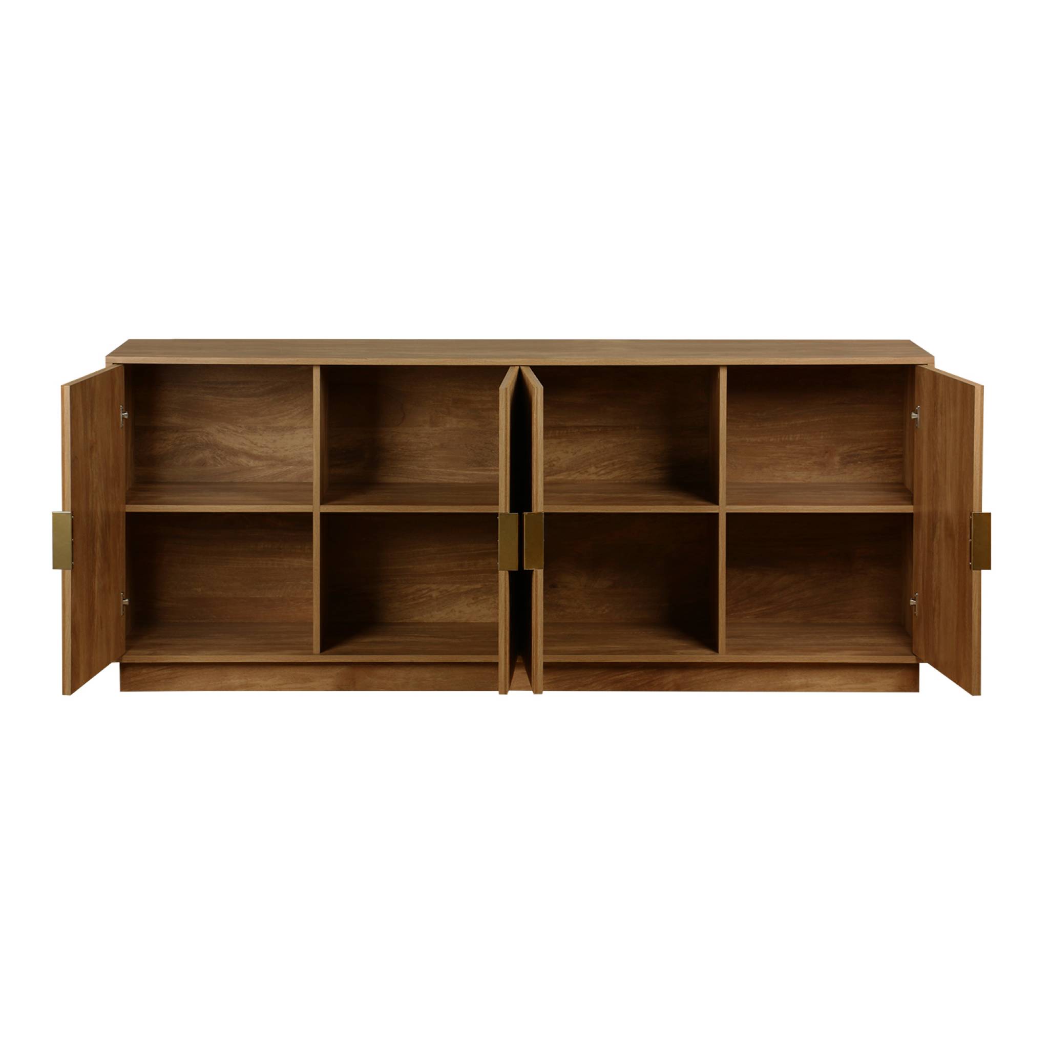 Buffet exotique 4 portes. effet bois de manguier rainuré. buffet bas. poignées en métal doré. L 180 x P 40 x H 75cm