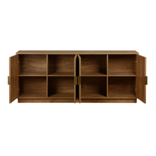 Buffet exotique 4 portes. effet bois de manguier rainuré. buffet bas. poignées en métal doré. L 180 x P 40 x H 75cm