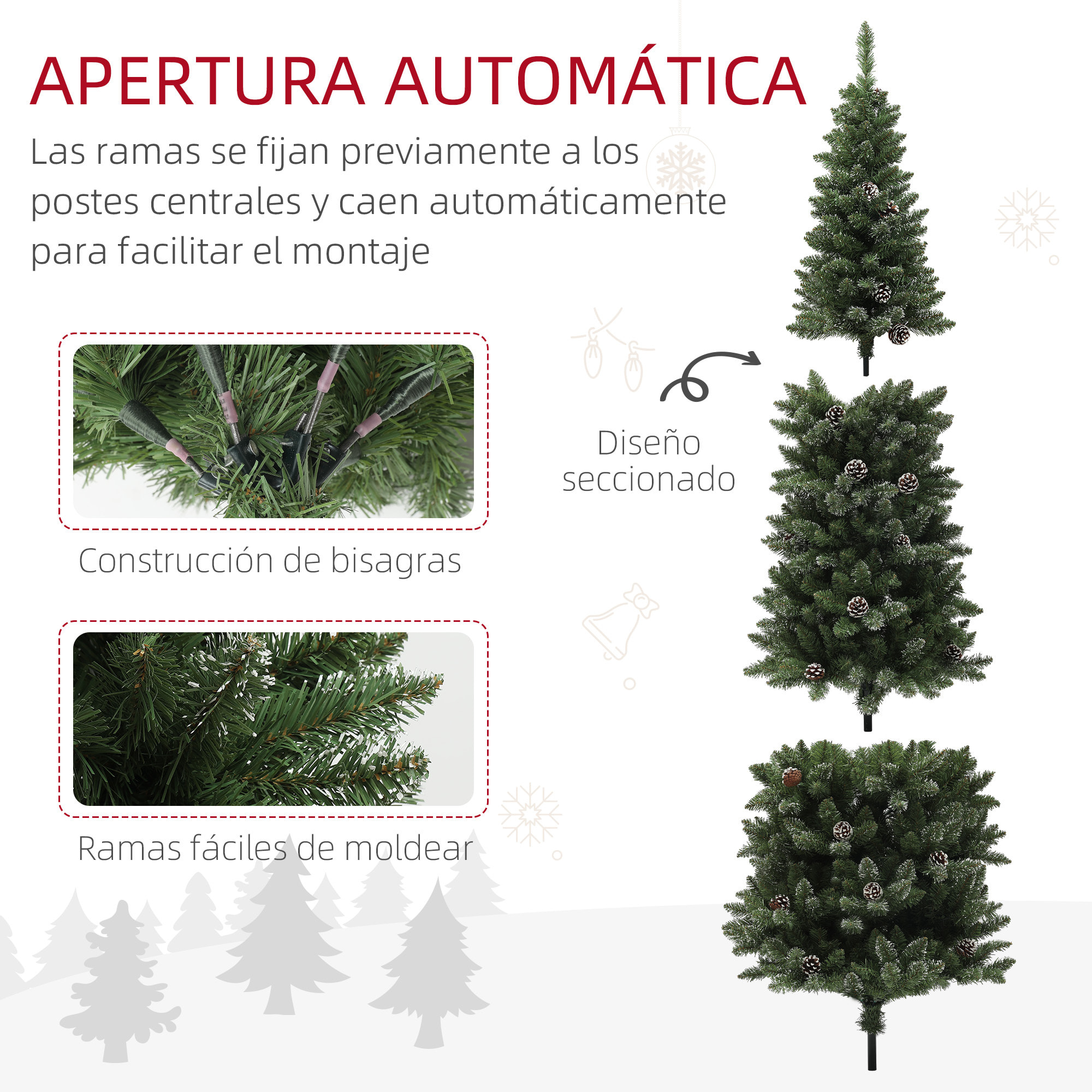 Árbol de Navidad 225 cm Árbol de Navidad Artificial con 980 Ramas 75 Piñas y Soporte de Metal Árbol Navideño para Salón Interior Verde