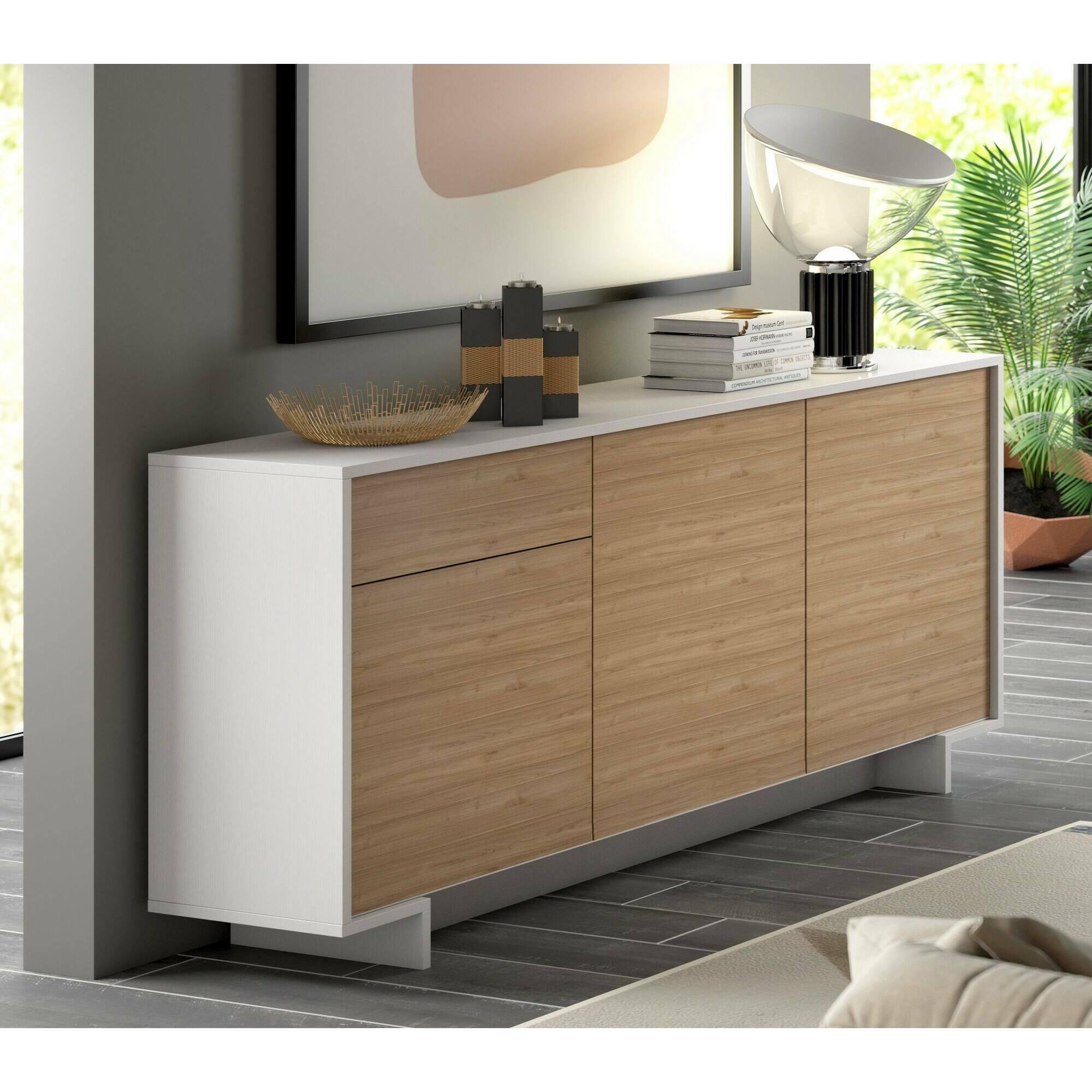 Credenza Davallon, Madia da salotto, Buffet da soggiorno a 3 ante e 1 cassetto, 100% Made in Italy, 170x42h78 cm, Bianco e Rovere