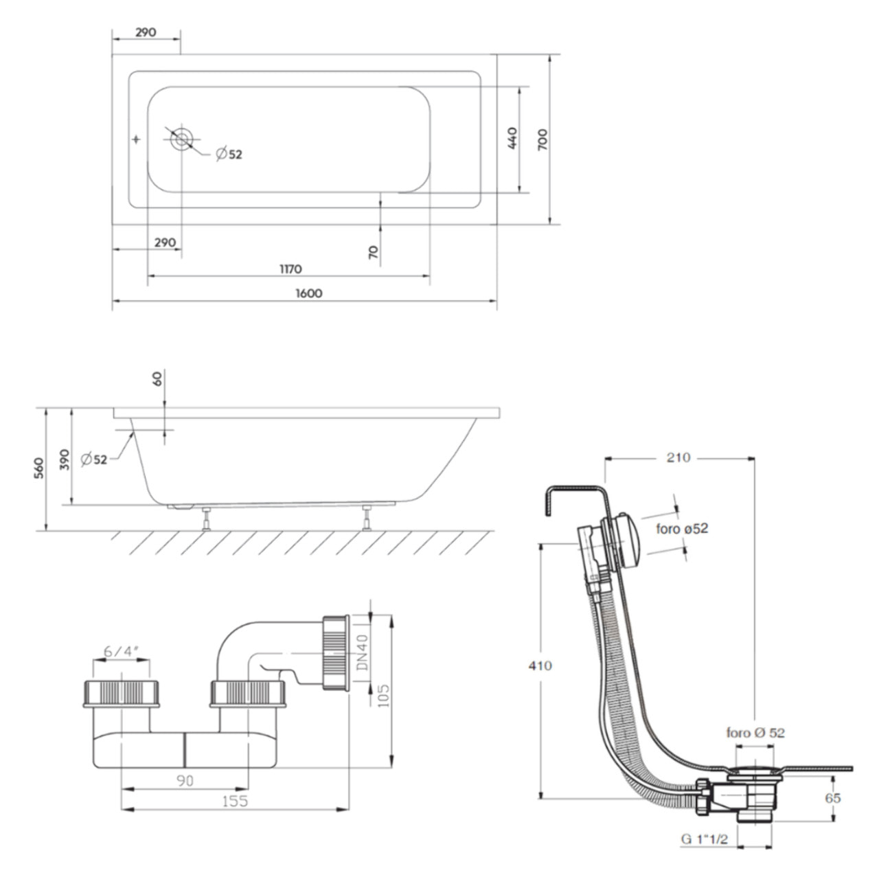 Aurum 160x70 cm baignoire rectangulaire en acrylique, gauche et droite, avec pieds + vidage + siphon, blanc (SATVAUR16070-SET)
