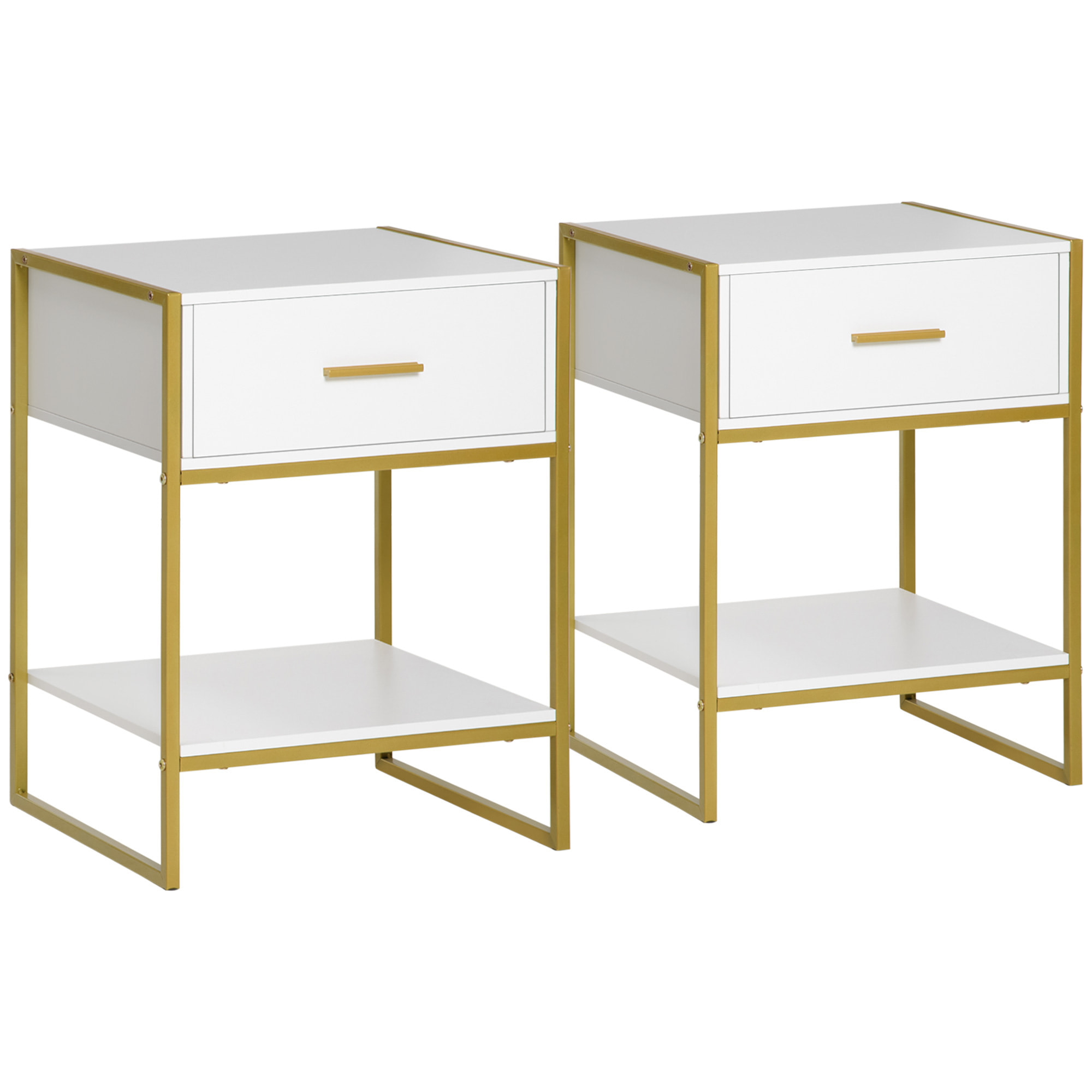 Conjunto de 2 Mesitas de Noche Mesas Auxiliares con 1 Cajón y Estante de Almacenamiento para Dormitorio Salón Oficina Estilo Moderno 45x40x60 cm Blanco